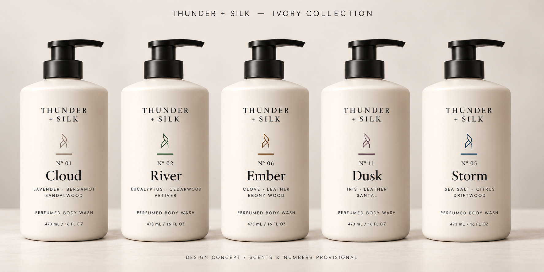 The ivory packaging concept family: Cloud, River, Ember, Dusk and Storm